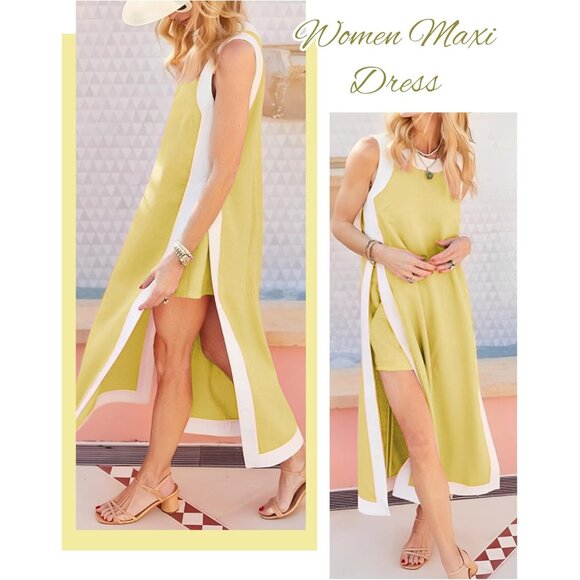 Womens 2 Piece Maxi Dress Shorts Set Boho Style Spring Summer Casual - Picture 3 of 6